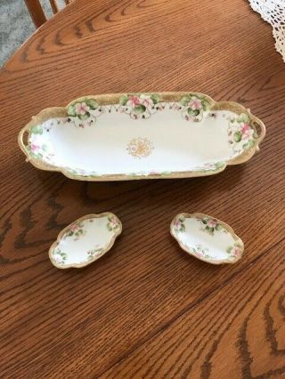 Antique Nippon Moriage Celery Dish With Flawless Giltwork With 2 Matching Bowls