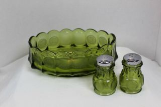 Fostoria Frosted Coin Green Glass 9 1/2 " Oval Bowl And Salt Pepper Shakers