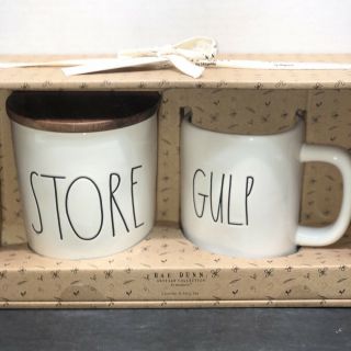 Nib Rare Rae Dunn Store Canister W/ Wooden Lid,  Gulp Mug Gift Set