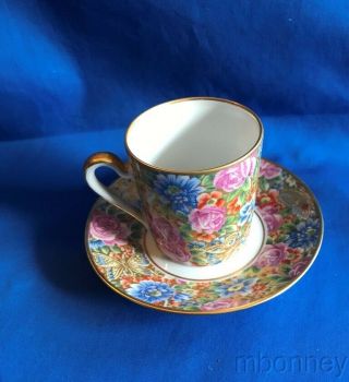 Vintage Limoges France Hand Painted Chintz Floral Demitasse Cup & Saucer