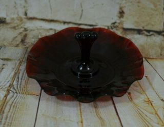 Vintage Red Ruby Ruffled Art Glass Candy Nut Dish Has Handle 7 " Diameter