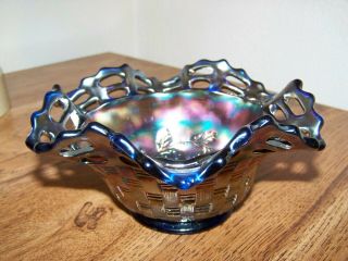 Fenton Purple Carnival Glass Basket Weave Open Lace Dish With Embossed Berries