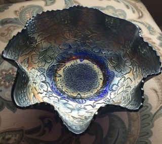 Apx 10 Inch Fenton Carnival Glass Bowl Cobalt Blue Footed Base Scalloped Flower