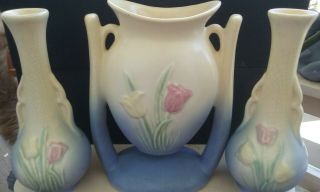Vintage Hull Pottery Tulip Vase Trio Blue And White With Pink And Yellow Tulips