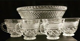 Anchor Hocking Wexford Punch Set Bowl With 4 Cups - Cut Glass -