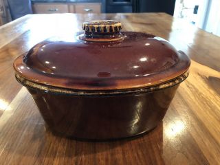 Vintage 2 Quart Hull Usa Oven Proof Pottery Brown Drip Glaze Bean Pot With Lid