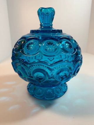 L.  E.  Smith Moon & Star Azure Blue Footed Candy Dish W/cover