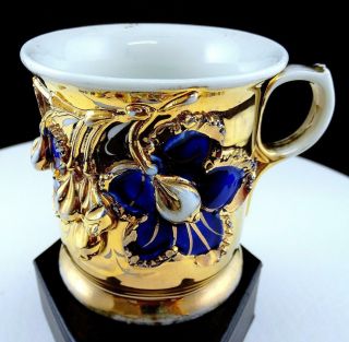 German Antique Blue Flower & Gold Lusterware 3 1/2 " Coffee Mug 1880 - 1920