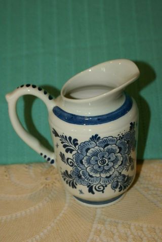 Vintage Blauw Delfts Blue White Handled Small Pitcher Hand Painted Holland 6 " H