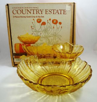 Anchor Hocking Country Estate Honey Gold Chip And Dip Set 3 Pc Vintage Newberrys