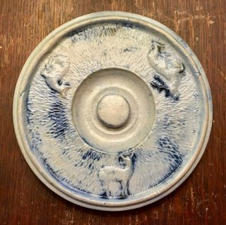 Gray Salt Glazed Stoneware Pottery Lid For Crock Or Jar With Blue Animal Design