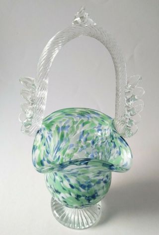 Hand Blown Art Glass Blue And Green Speckled Basket Murano?