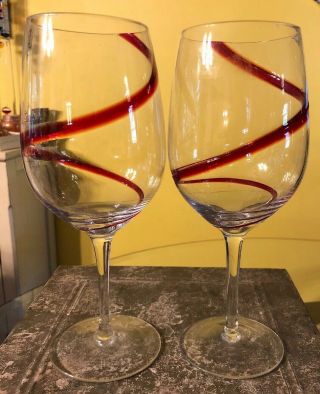 Set Of 2 Pier One 9” Swirline Red Swirl 16 Ounce Wine Glasses