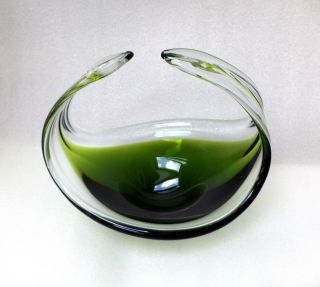 MURANO VENETIAN GREEN CLEAR ART GLASS BOWL BASKET VASE 2
