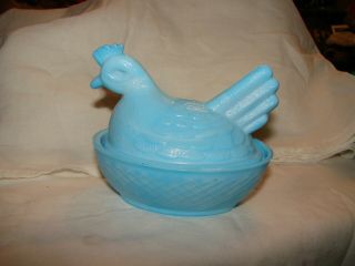 Blue Milk Glass Chicken Hen On Nest Candy Dish