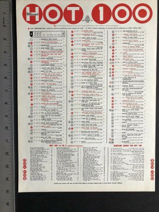 1969 11x14 " Top 100 Singles Chart: 5th Dimension R.  B.  Greaves Beatles