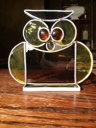 Vintage Stained Glass Owl Leaded Standing For Windowsill Hand Crafted 1970s 2