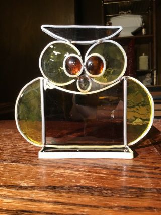 Vintage Stained Glass Owl Leaded Standing For Windowsill Hand Crafted 1970s 3