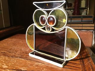 Vintage Stained Glass Owl Leaded Standing For Windowsill Hand Crafted 1970s 4