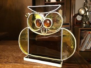 Vintage Stained Glass Owl Leaded Standing For Windowsill Hand Crafted 1970s 5