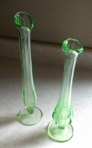 Vintage Green Depression Glass Bud Vases - Set Of 2 - 8 " & 9 " Tall