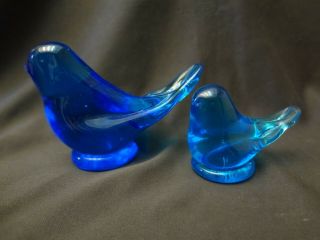 Cobalt Blue Glass 2 Vintage Blue Bird Paper Weights / Figurines