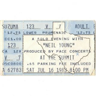 Neil Young Concert Ticket Stub Houston 7/16/83 Summit Cowgirl In The Sand Rare