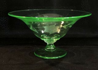 Green Depression Glass Floral Etched Candy Dish Pedestal Bowl 3 1/2 " H X6 1/2 " L