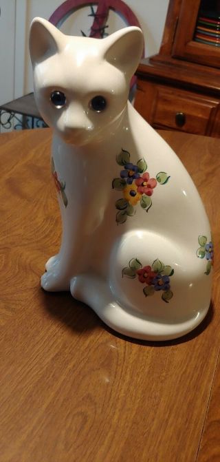 Alcobaca Portugal Pottery Cat W/ Multicolor Flowers Vintage.  Glass Eyes