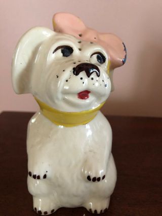 Very Rare Shawnee Pottery Mugsey Dog Shaker With Pink And Yellow Bandage 1940’s