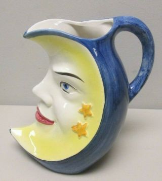 Crescent Moon With Face Ceramic Water Pitcher Hand Painted Made In Italy