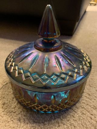 Vintage Indiana Blue Carnival Glass Iridescent Windsor Style Candy Dish W/ Lid