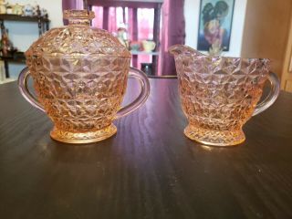 Jeannette Buttons And Bows Pink Depression Glass Creamer And Sugar