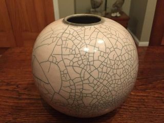 Vintage Studio Pottery Raku - Fired Crackle Glazed Vase 5 1/2 " X 6 " - Signed