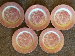 Currier And Ives Pink Dinner Plates Old Grist Mill (5)