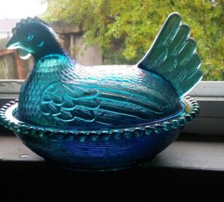 Vintage Indiana Blue Carnival Hen On Nest Candy Dish 8 " X 5 " Chicken