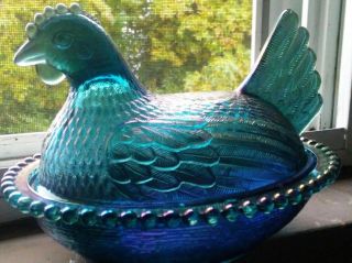 Vintage Indiana Blue Carnival Hen on Nest candy Dish 8 
