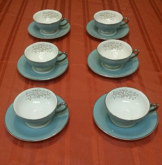 Vintage Blue Meadow Breeze Syracuse China 6 Cups & Saucers In