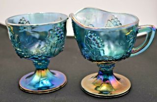 Indiana Glass Blue Harvest Grape Carnival Iridescent Footed Creamer & Sugar Bowl