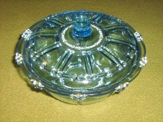 VINTAGE BLUE DEPRESSION GLASS COVERED BOWL CANDY DISH 3