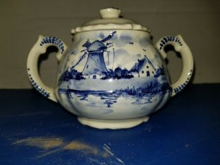 Delft Holland Blue White Hand Painted Sugar Bowl Vintage Windmill Scene