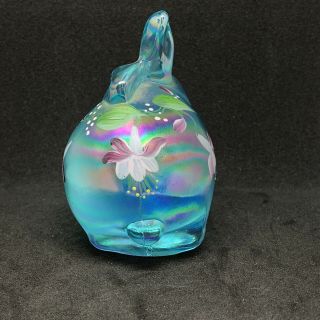 Fenton Hand - Painted Rabbit Glass Figure Rare Signed Blue With Flower Design 2