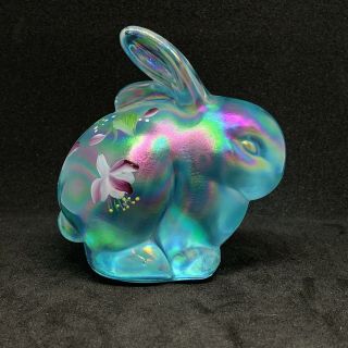 Fenton Hand - Painted Rabbit Glass Figure Rare Signed Blue With Flower Design 3