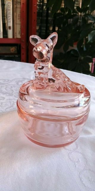 Vintage Jeannette Glass Pink Powder Box Jar & Lid Scottie Dog
