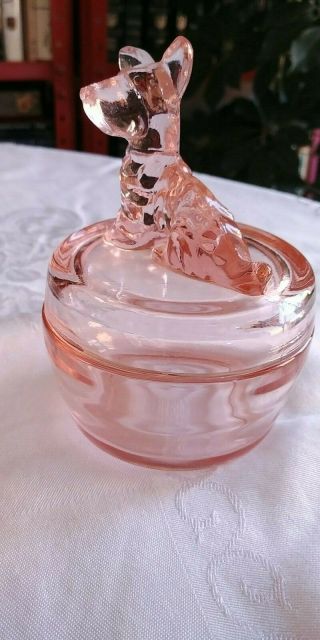 Vintage Jeannette Glass Pink Powder Box Jar & Lid Scottie Dog 2
