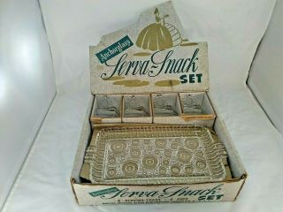 Vintage Anchor Glass Serva - Snack Colonial Lady Pattern Trays Cups & Display Box