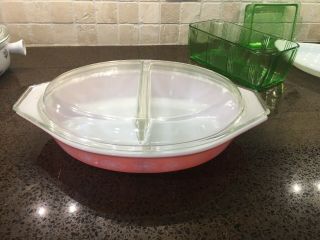 Vintage Pyrex Cinderella Divided Glass Dish With Lid Pink Daisy 1 1/2 Qt L@@k