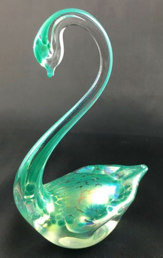 Vintage Heron Art Glass Swan Paperweight.  Iridescent Green Aqua Teal.
