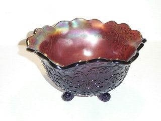 Westmoreland Louisa Purple Amethyst Carnival Glass 3 Footed Bowl W/ Flower Vines