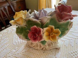 Vintage Nuova Capodimonte Porcelain Basket With Yellow,  Lavender And Pink Roses